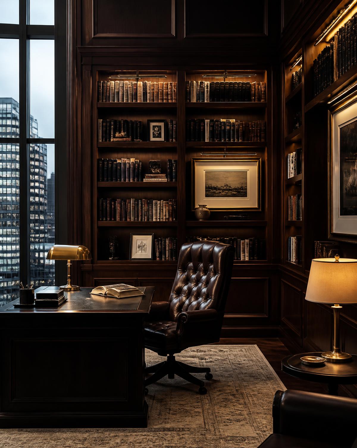 A quiet wood-paneled private office with a desk lamp and open ledger